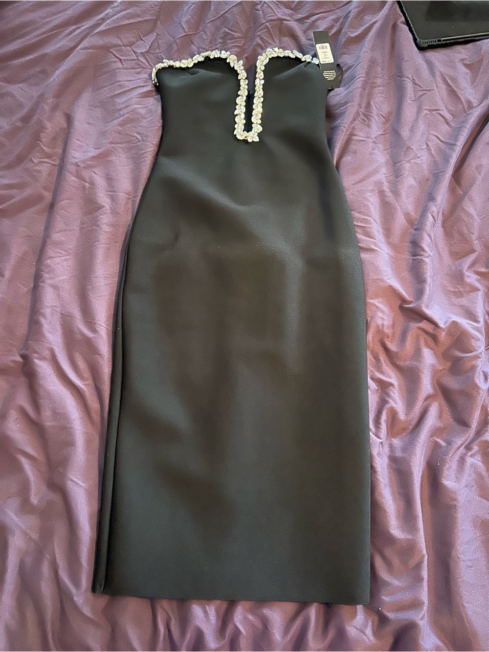 Fashion Nova Black Strapless Midi Dress with Pearl Trim